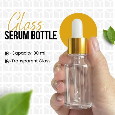 Picture of 30ml Clear Transparent Glass Dropper Bottle with Golden White Cap - Perfect for Essential Oils, Face & Beauty Serums