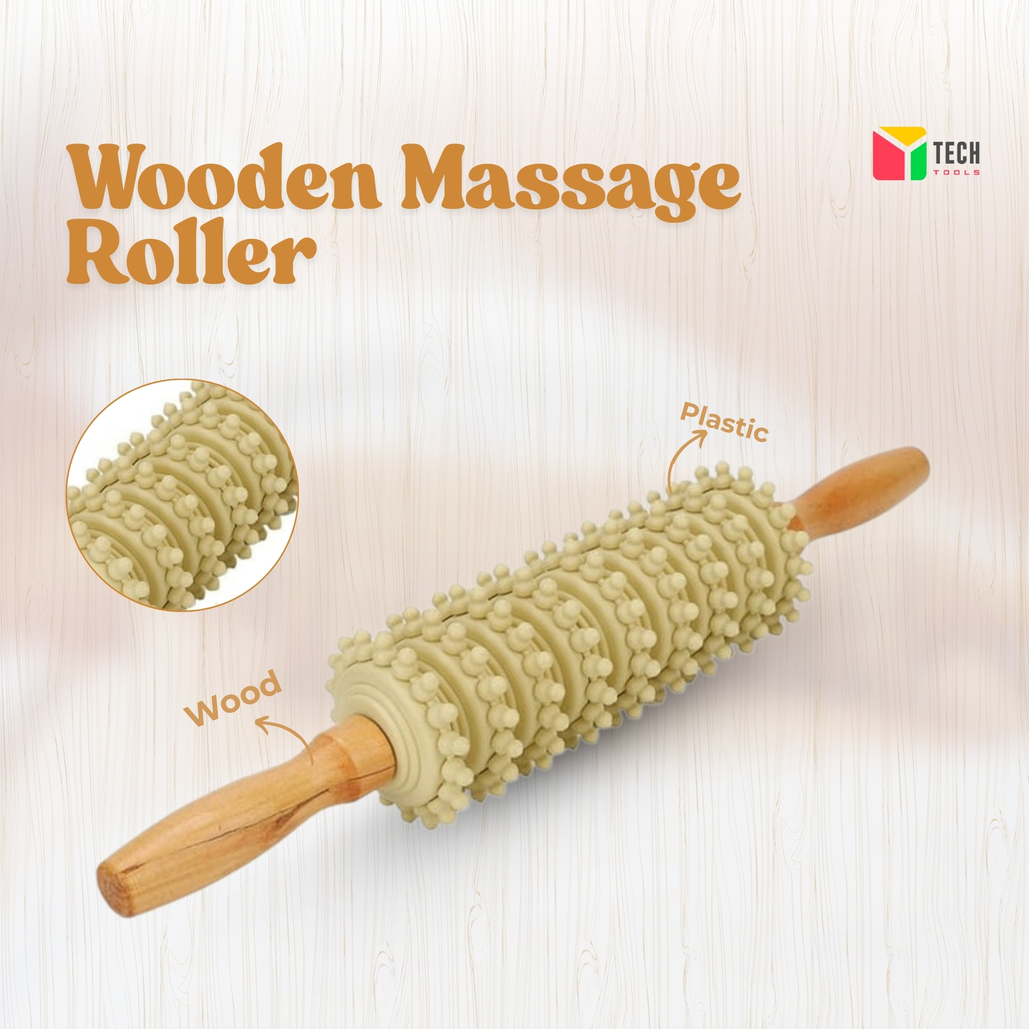 Picture of 9 Wheel Back Massage Muscle Roller Tool Massager Wooden Rolling Surface Maderoterapia Kit for Full Body Muscle Pain Relief