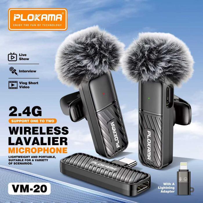 Picture of PLOKAMA VM20 Mic Wireless Clip on Microphone Lavalier HP Plug & Play Dual Mic Type C & Lightning
