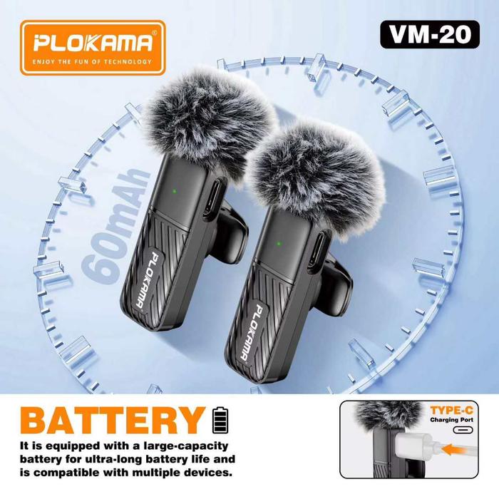 Picture of PLOKAMA VM20 Mic Wireless Clip on Microphone Lavalier HP Plug & Play Dual Mic Type C & Lightning
