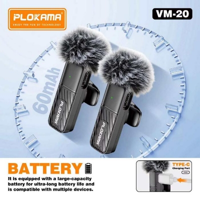 Picture of PLOKAMA VM20 Mic Wireless Clip on Microphone Lavalier HP Plug & Play Dual Mic Type C & Lightning