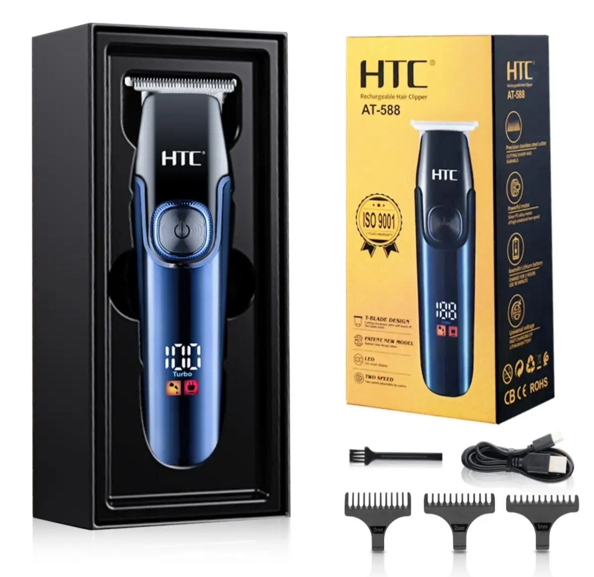 Picture of HTC AT-588 Professional T-blade Zero Cutting For Barber And Home Use Lithium Battery LED Display Two Speeds Control Hair Clipper For Hair Cutting
