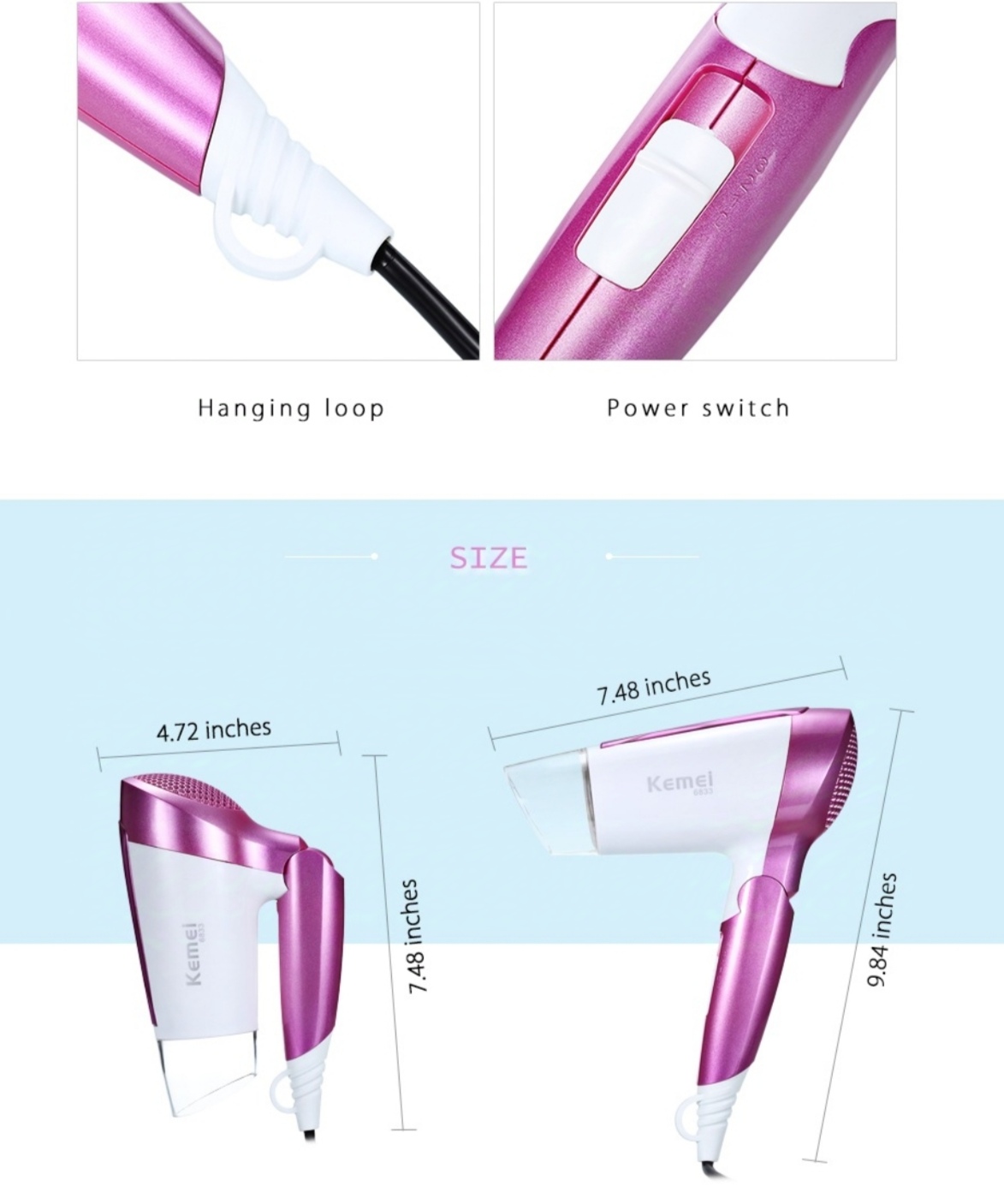Picture of Kemey Km6833 2 In 1 Electric Foldable Hair Dryer For Women - Hair Dryer