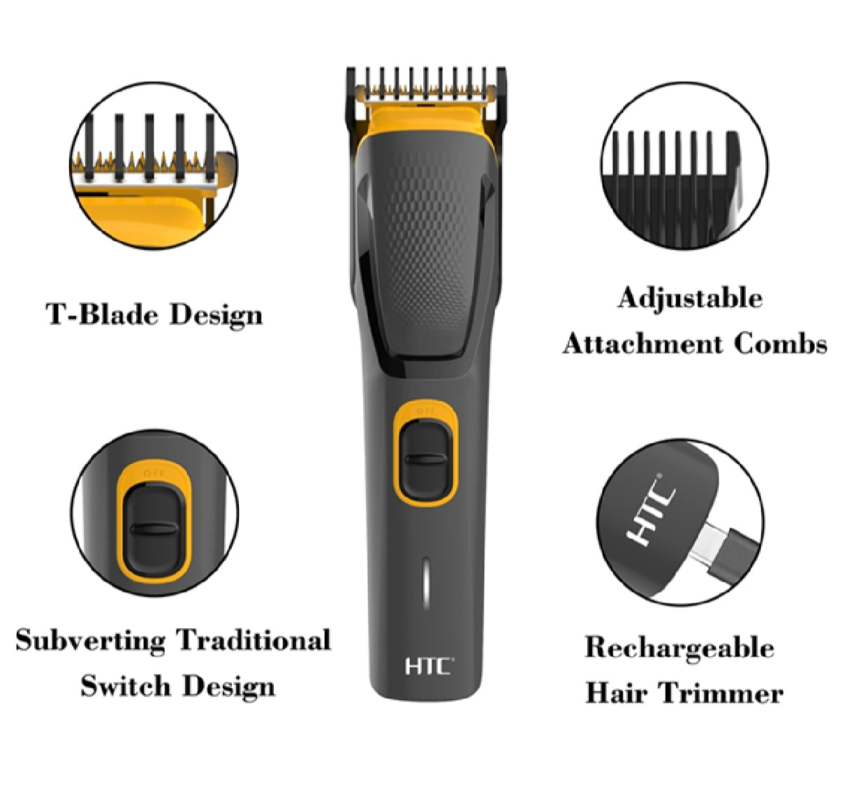 Picture of HTC AT-509 Cordless & Rechargeable Trimmer with 8 Length Settings and Self-Sharpening Blades for Beard and Hair Care - Black