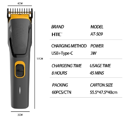Picture of HTC AT-509 Cordless & Rechargeable Trimmer with 8 Length Settings and Self-Sharpening Blades for Beard and Hair Care - Black