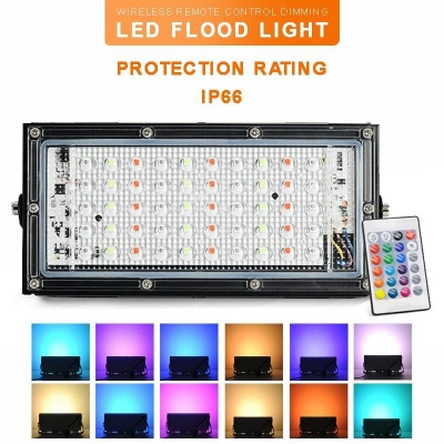 Picture of RGB LED Flood Light- Remote Controlled IP66 Waterproof Landscape & Outdoor Lighting (50W, AC220V) – Black Color