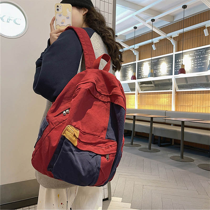 Picture of Casual Contrast Color Canvas Backpack - Red