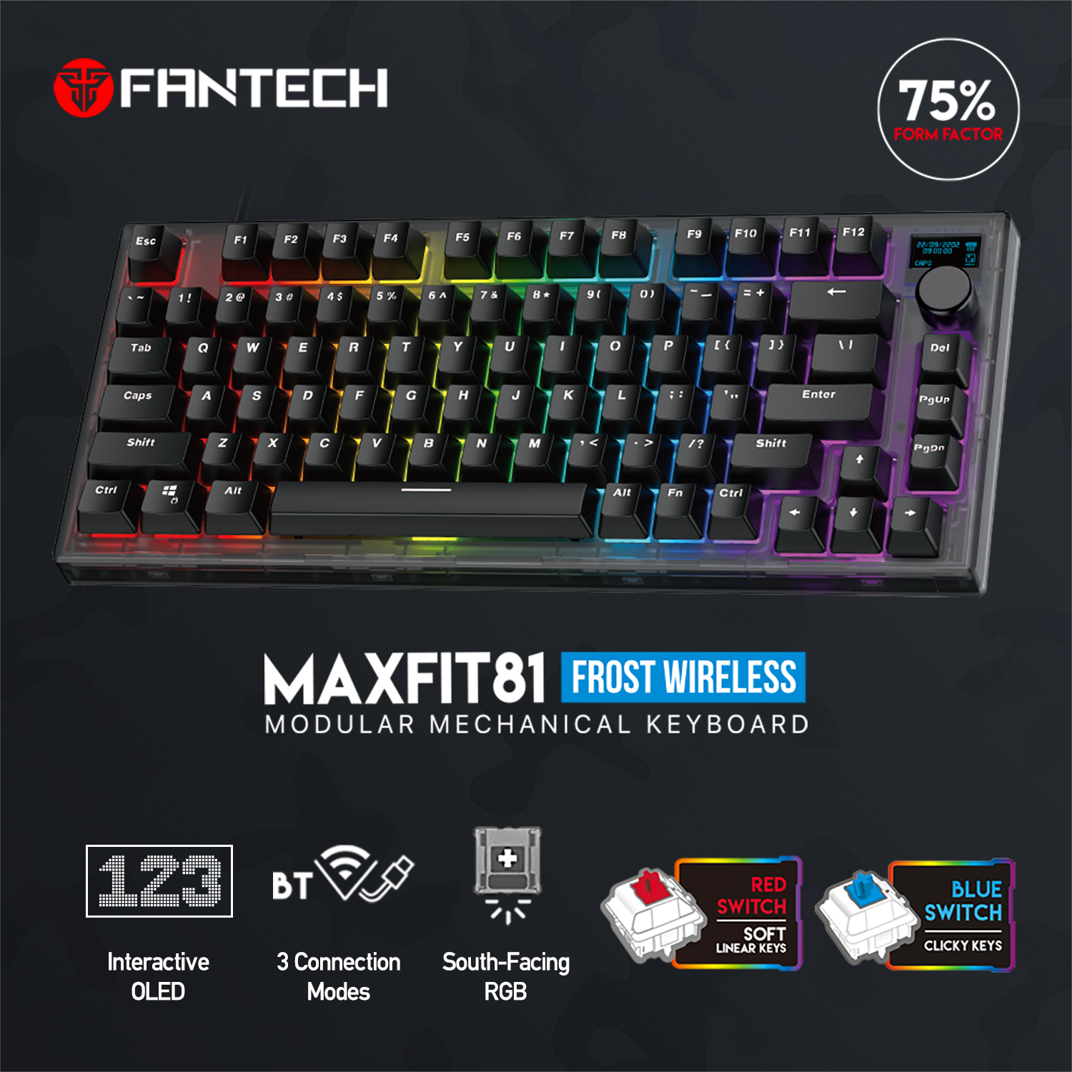 Picture of FANTECH MK910 MAXFIT81 ABS KEYCAPS FROST WIRELESS MODULAR MECHANICAL KEYBOARD WIRED 2.4Ghz & BT 5.2 WIRELESS OUTEMU BLUE & RED SWITCHES