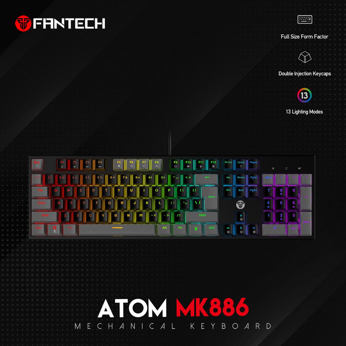Picture of FANTECH MK886 ATOM RGB MECHANICAL KEYBOARD Double-Injection Key, 104 Keys, Red And Blue Switch, 25 Keys Anti-Ghosting For PC, Laptop