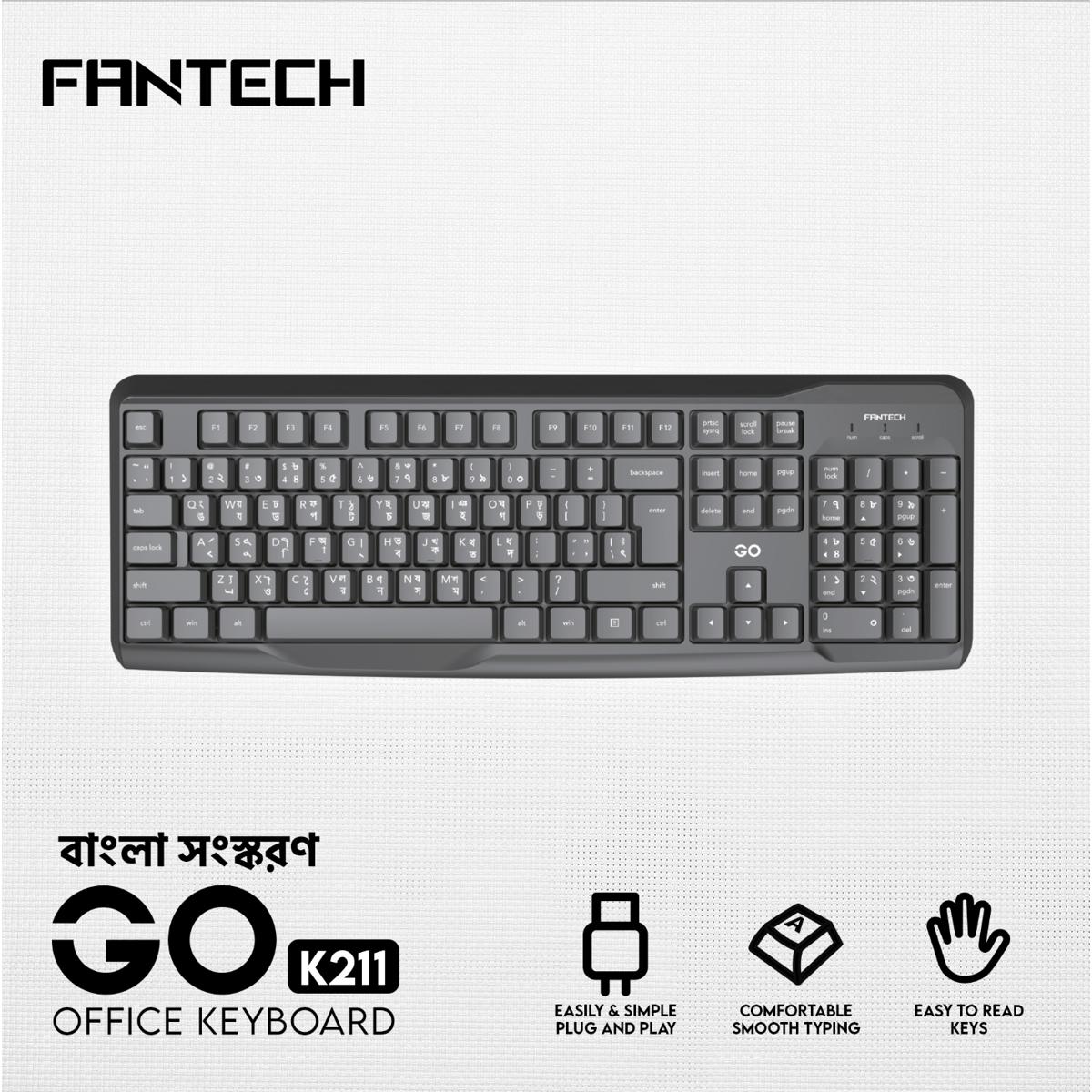Picture of FANTECH GO K211 Smooth Typing Keyboard 104 Keys Spill Resistant Keyboard English And Bangla USB Wired Easy To Read Keys Computer Keyboard Ergonomics Keyboard For Office PC
