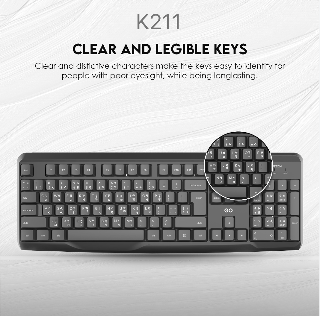 Picture of FANTECH GO K211 Smooth Typing Keyboard 104 Keys Spill Resistant Keyboard English And Bangla USB Wired Easy To Read Keys Computer Keyboard Ergonomics Keyboard For Office PC