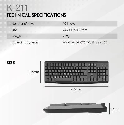 Picture of FANTECH GO K211 Smooth Typing Keyboard 104 Keys Spill Resistant Keyboard English And Bangla USB Wired Easy To Read Keys Computer Keyboard Ergonomics Keyboard For Office PC