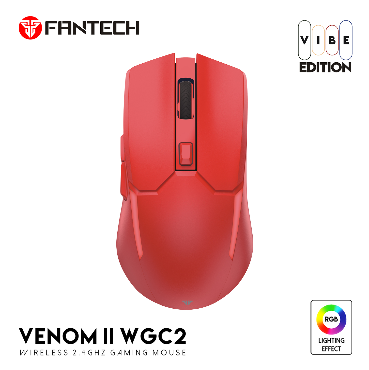 Picture of FANTECH WGC2 VENOM II VIBE  2.4G Wireless Gaming Mouse Pixart 3212 2400DPI RGB Rechargeable Mouse Ergonomic Mice Gaming Gammer For Laptop PC Red