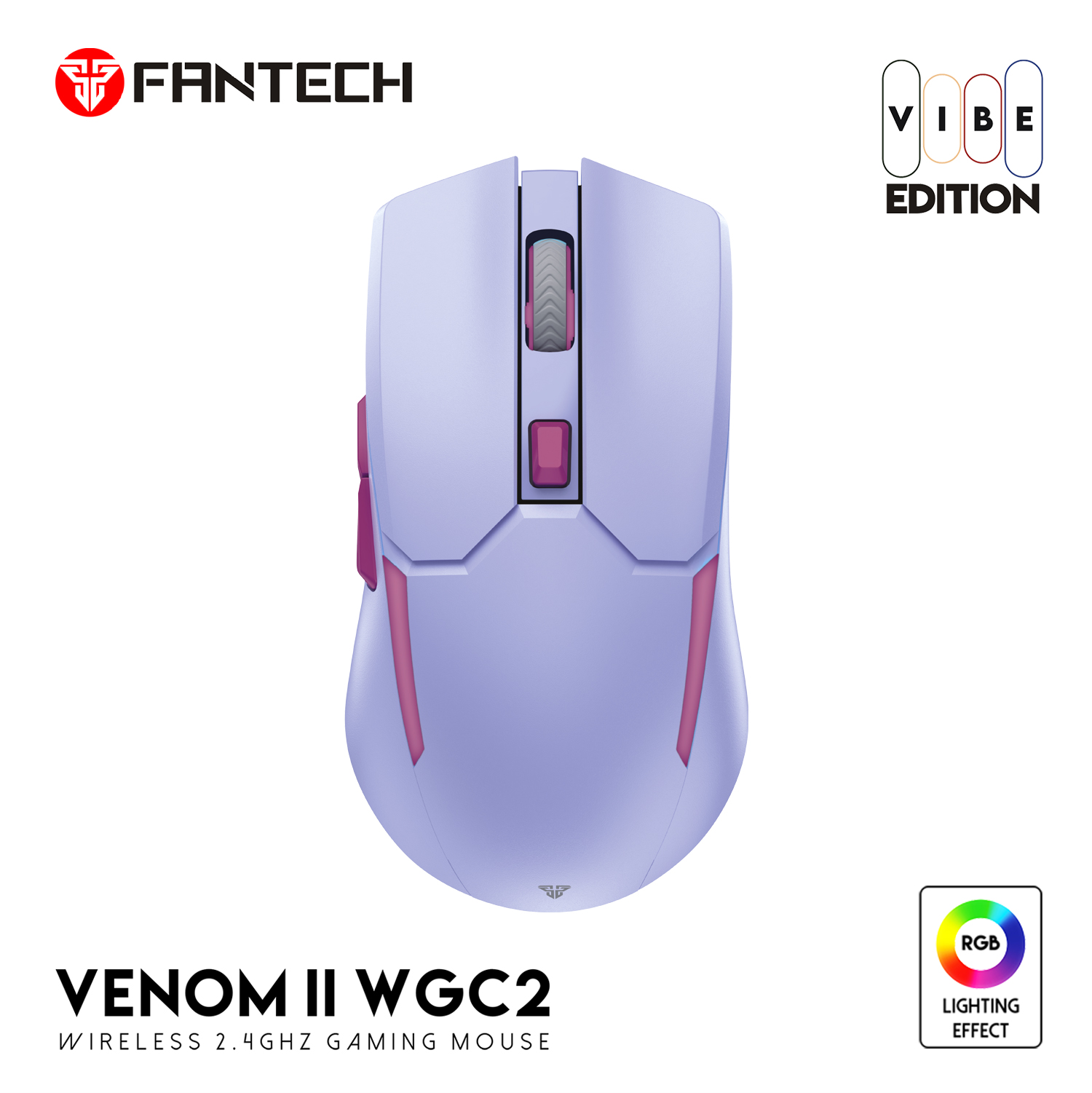 Picture of FANTECH WGC2 VENOM II VIBE  2.4G Wireless Gaming Mouse Pixart 3212 2400DPI RGB Rechargeable Mouse Ergonomic Mice Gaming Gammer For Laptop PC Purple