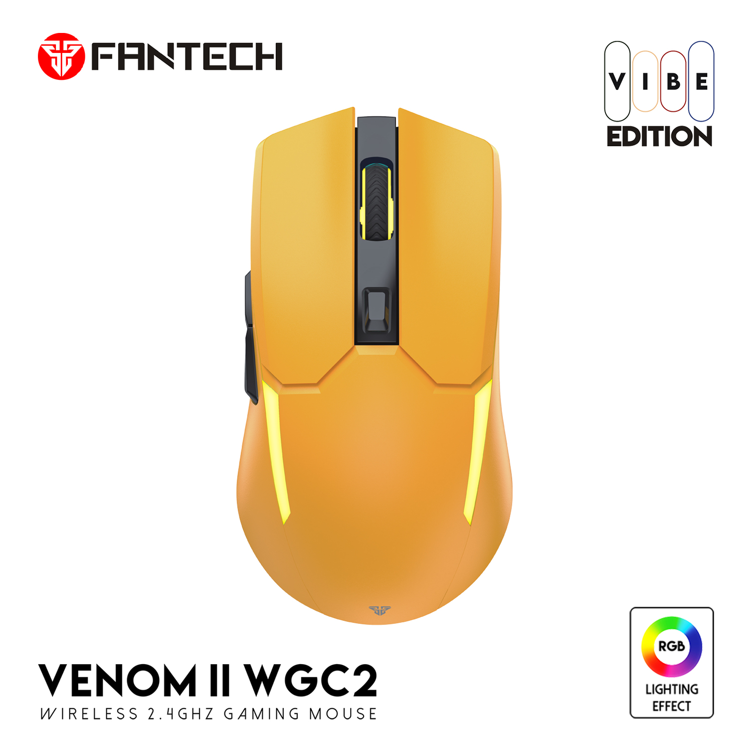 Picture of FANTECH WGC2 VENOM II VIBE  2.4G Wireless Gaming Mouse Pixart 3212 2400DPI RGB Rechargeable Mouse Ergonomic Mice Gaming Gammer For Laptop PC Yellow