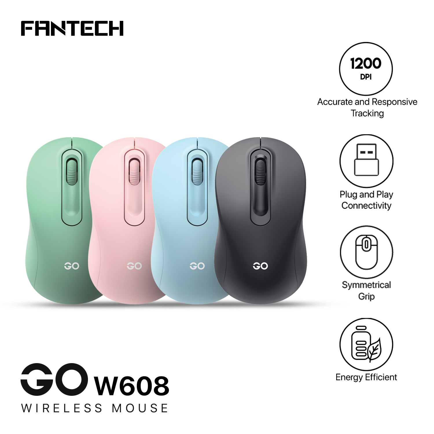 Picture of FANTECH GO W608 Wireless Mouse With 2.4GHz Wireless Connection Symmetrical Grip Adjustable DPI 1600 For Gaming Gammer Office Home AA Battery Included