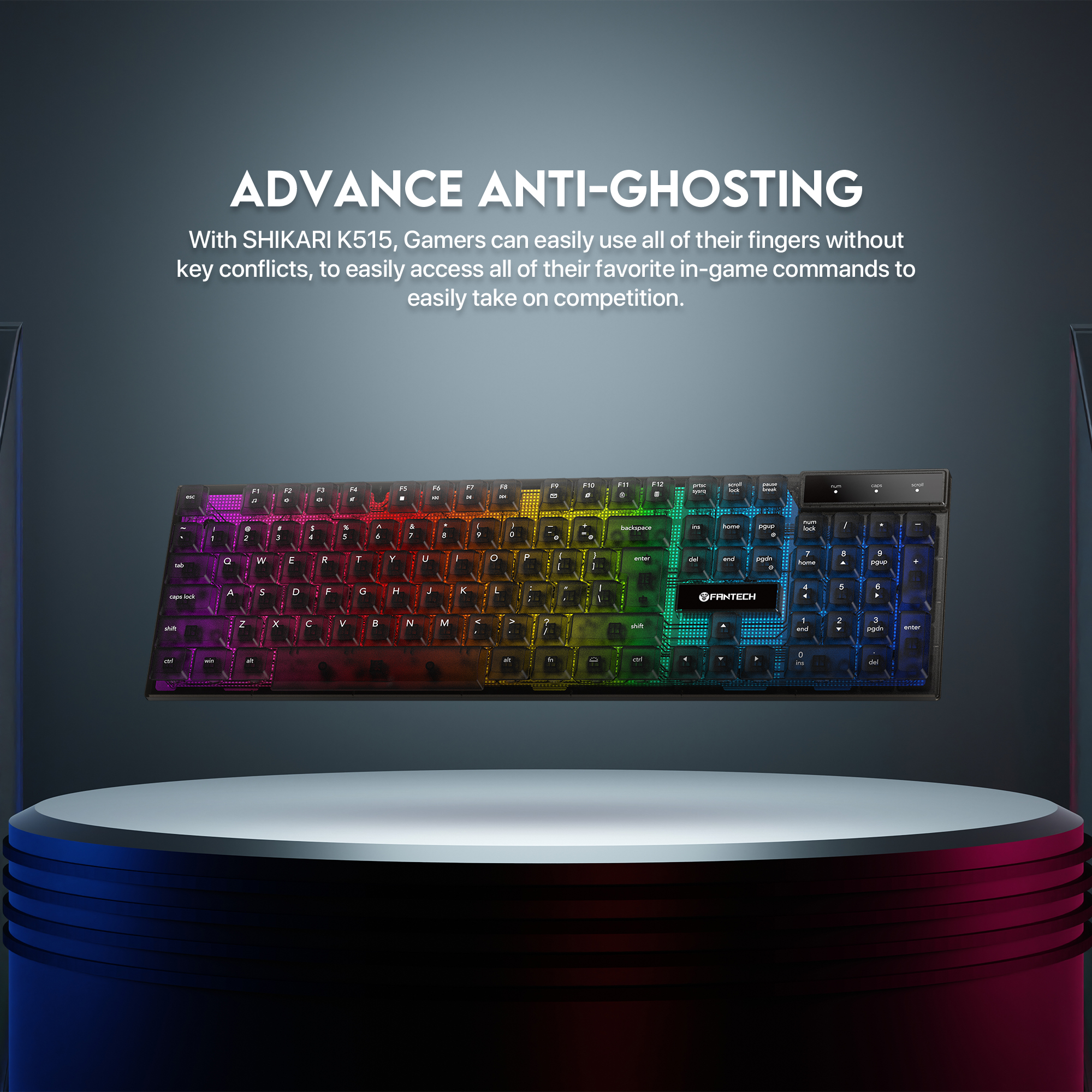 Picture of FANTECH SHIKARI K515 RGB Membrane Gaming Keyboard With Advance Anti-Ghosting Transparent Cover And Keycaps For Better Lighting Effect