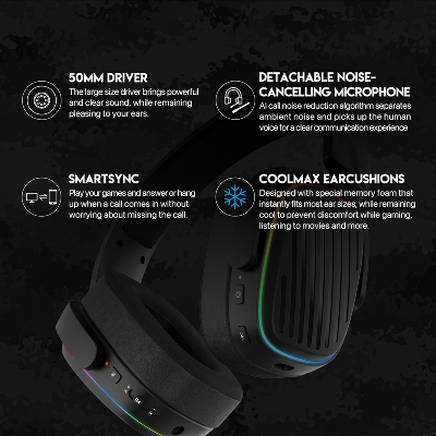 Picture of FANTECH WHG02 Harmony Wireless Headset Tri-mode Connections With Noise Cancellation & Mute Buttons Microphone Headphones