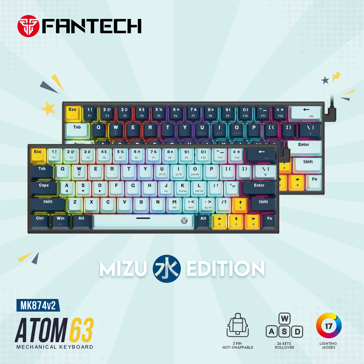Picture of FANTECH ATOM63 MK874 V2 MECHANICAL GAMING KEYBOARD- MIZU SERIES Sky Blue And Navy Blue - Switch Blue-Red