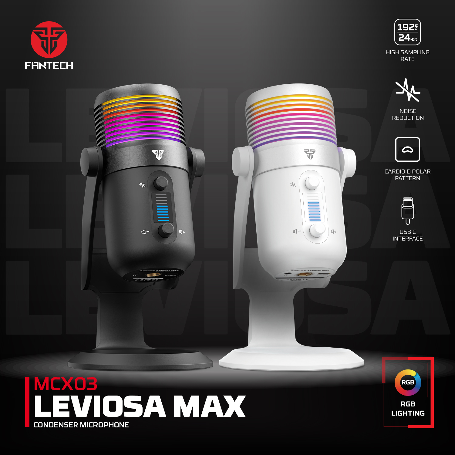 Picture of FANTECH MCX03 Leviosa Max Condenser Microphone For Desktop Computer Microphone With RGB Noise Cancellation Microphone
