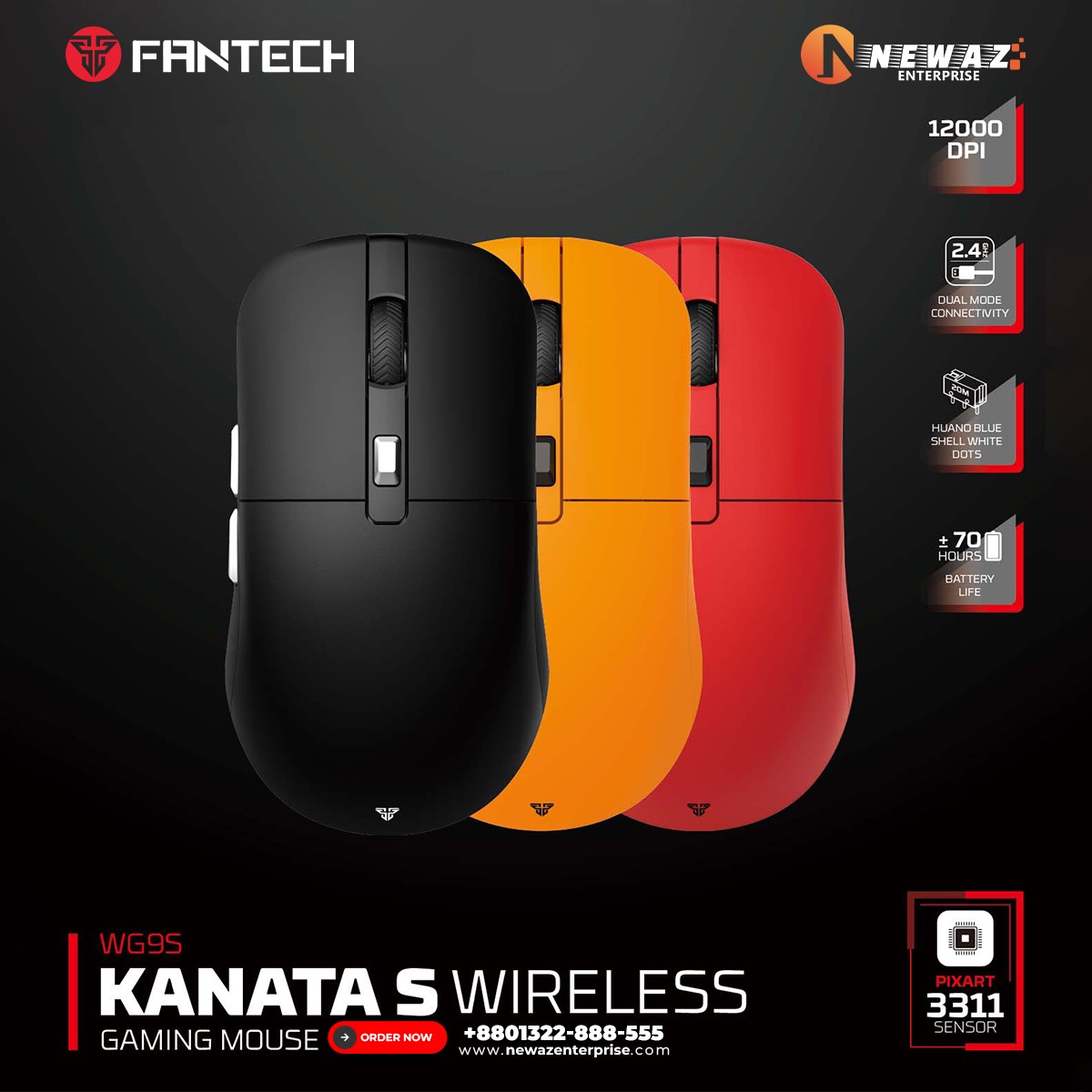 Picture of FANTECH WG9S KANATAS Wireless Gaming Mouse PIXART 3311 12000DPI Improved Ultra-Grippy Coating Mouse Macro Button Mice