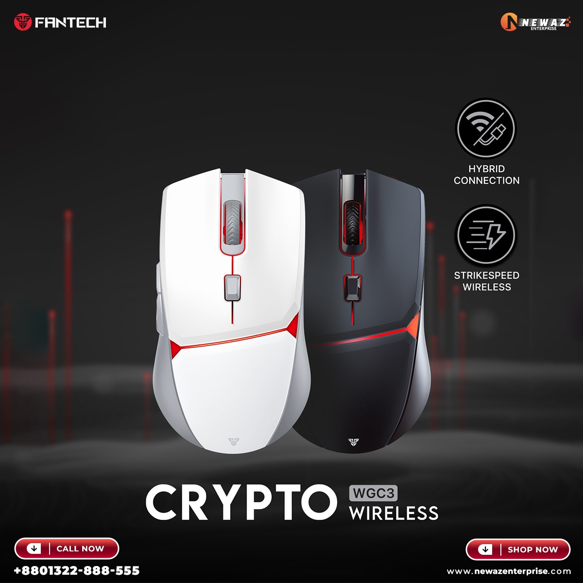Picture of FANTECH WGC3 CRYPTO Wired And Wireless Gaming Mouse Pixart 3325 And 10000 DPI Mouse Poling 1000Hz Macro 6 Button Mice