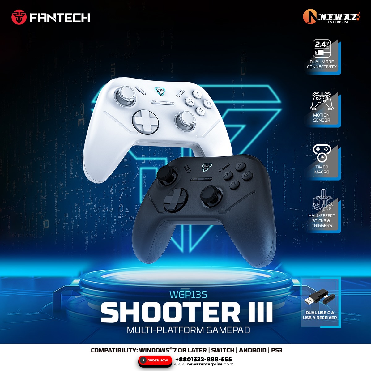 Picture of FANTECH WGP13S Shooter-III Multi-Platform Gamepad Wired & 2.4 Ghz Wireless Controller Gamepad Console Joystick Duel Mode USB Type C