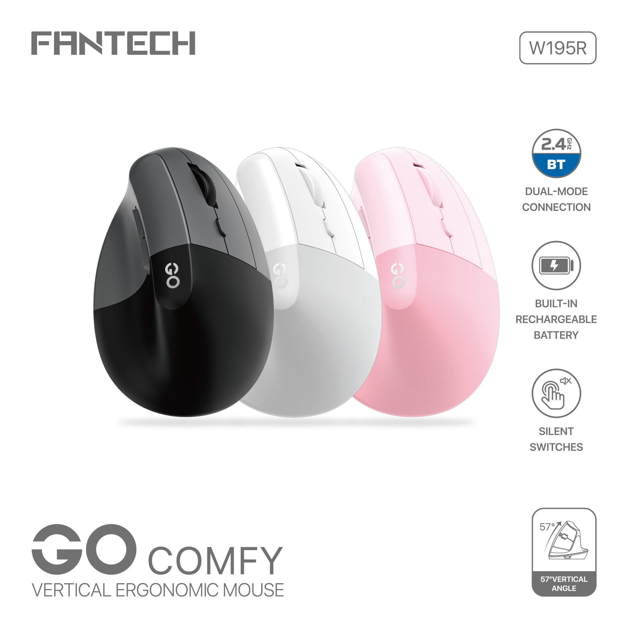 Picture of FANTECH W195R GO Comfy Mouse Vertical Ergonomic Design Wireless & Bluetooth Connection Compact Wireless Mouse