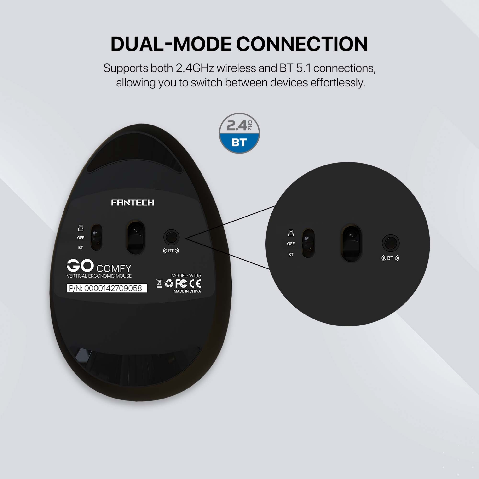 Picture of FANTECH W195 Go Comfy Mouse Vertical Ergonomic 2.4GHz Wireless and 5.1 Bluetooth Compact Mouse