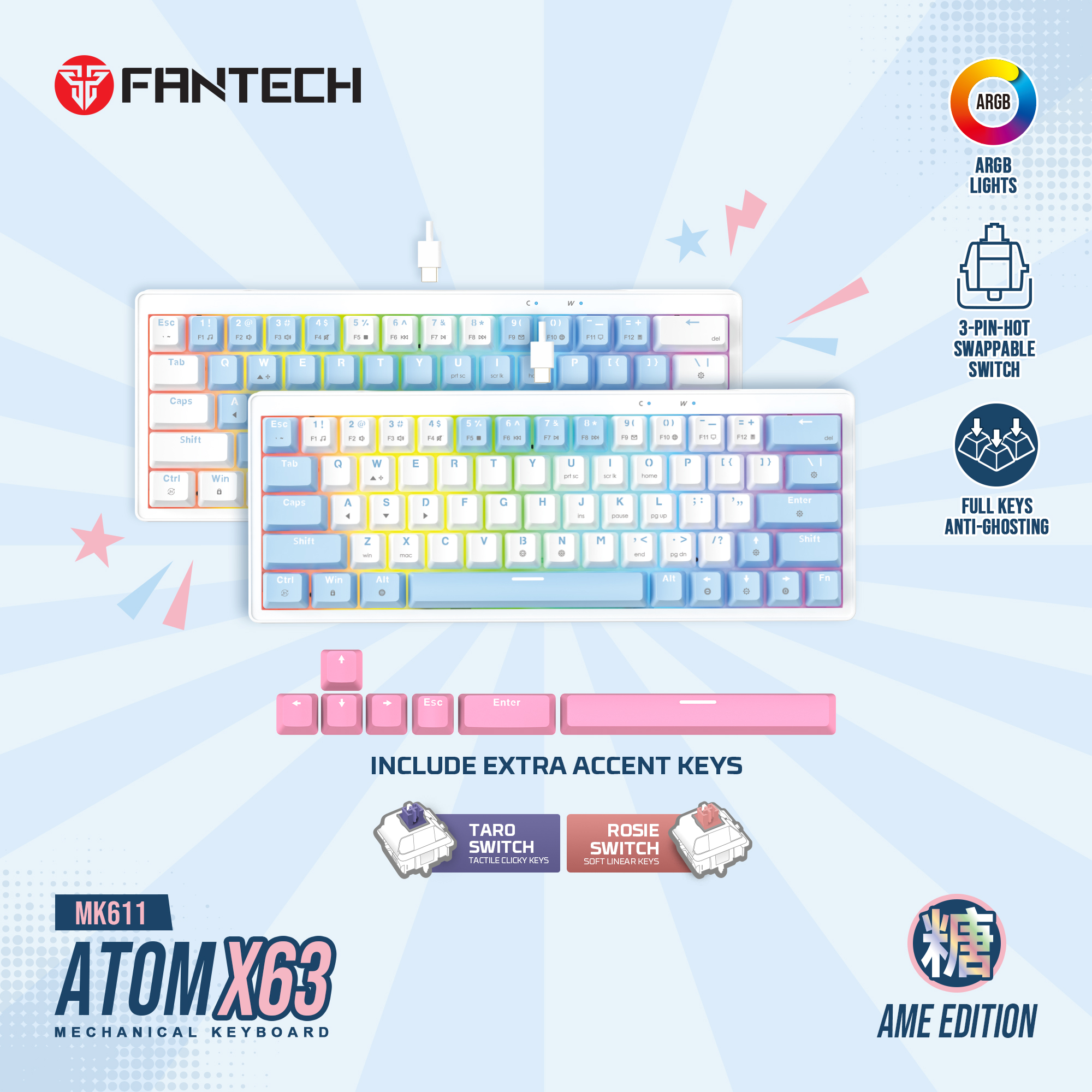 Picture of FANTECH ATOM X63 MK611 MECHANICAL GAMING KEYBOARD AME EDITION WHITE & BLUE