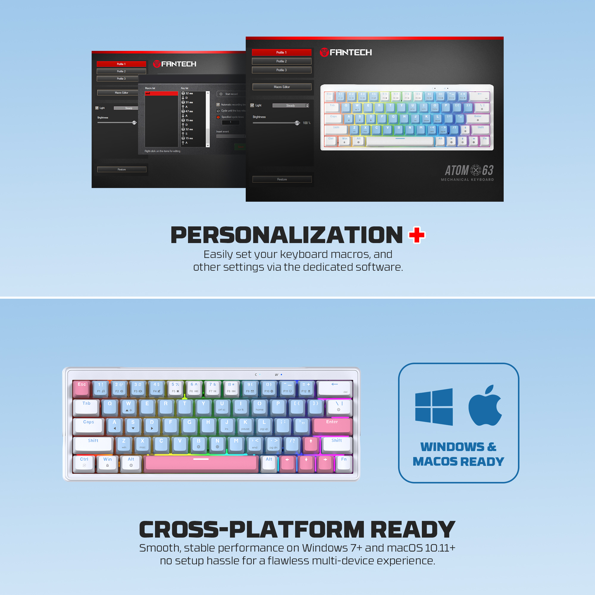 Picture of FANTECH ATOM X63 MK611 MECHANICAL GAMING KEYBOARD AME EDITION WHITE & BLUE