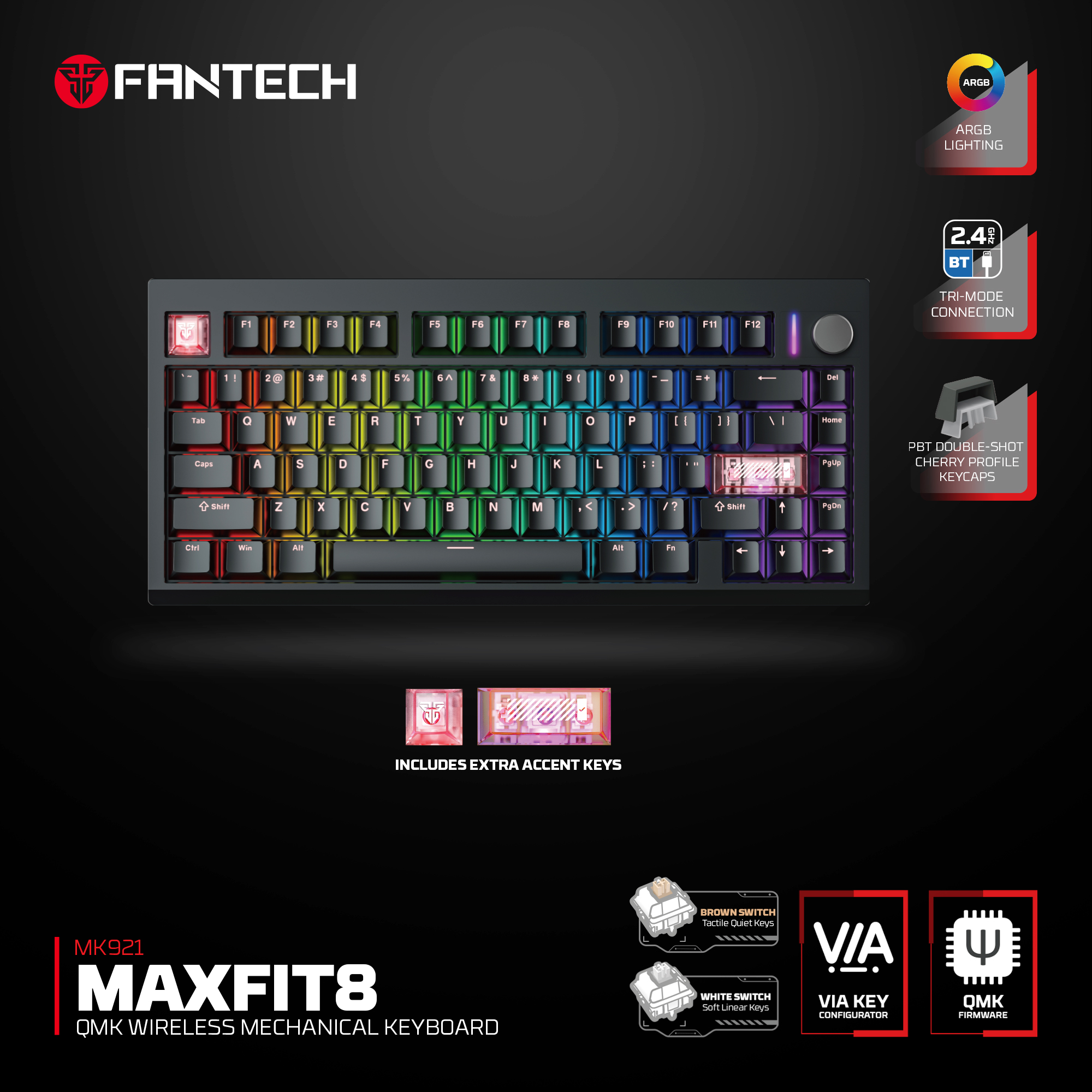 Picture of FANTECH MAXFIT8 MK921 - QMK WIRELESS MACHANICAL KEYBOARD BLACK