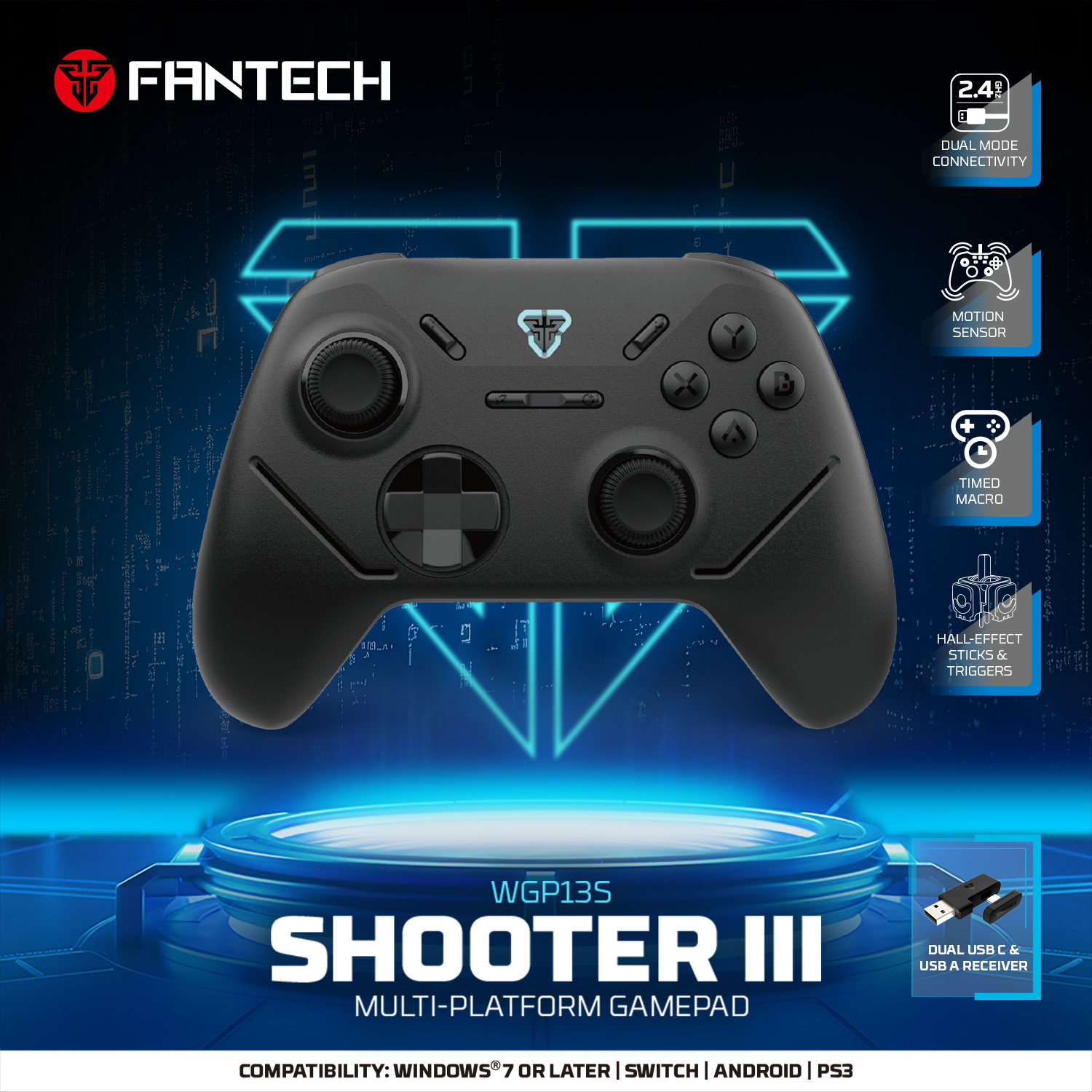 Picture of FANTECH WGP13S Shooter-III Multi-Platform Gamepad Wired & 2.4 Ghz Wireless Controller Gamepad Console Joystick Duel Mode USB Type C