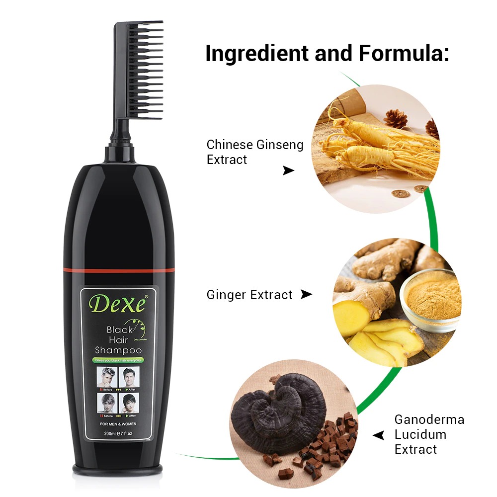 Picture of 200 ml Dexe Black hair shampoo International USA product used for male female