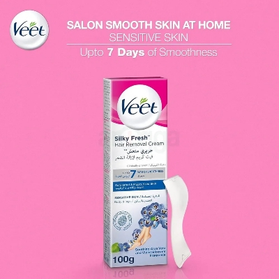 Picture of 100 gm Skin care Veet Silky fresh Hair Remover cream Sensitive skin International France product used for male/ female