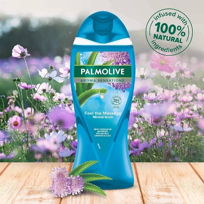 Picture of 500 ml Palmolive Aroma Sensations feel the massage sky blue color Shower Gel International Thailand product used for male/female