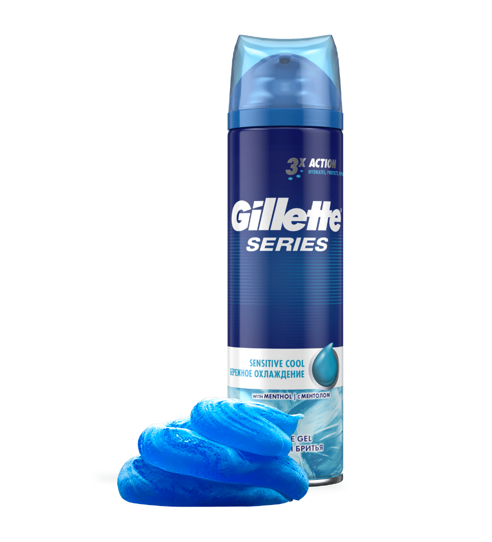 Picture of 200 ml Gillette series 3x Action Sensitive Cool shaving gel International UK product used for male