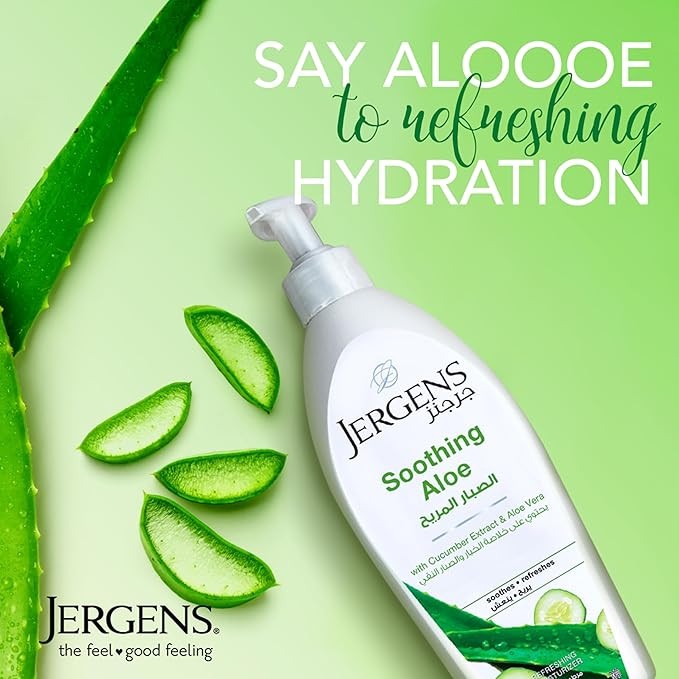 Picture of International UAE product Any season used Jergens SOOTHING ALOE Refreshing Moisturizer body lotion  for male/ female - 400 ml