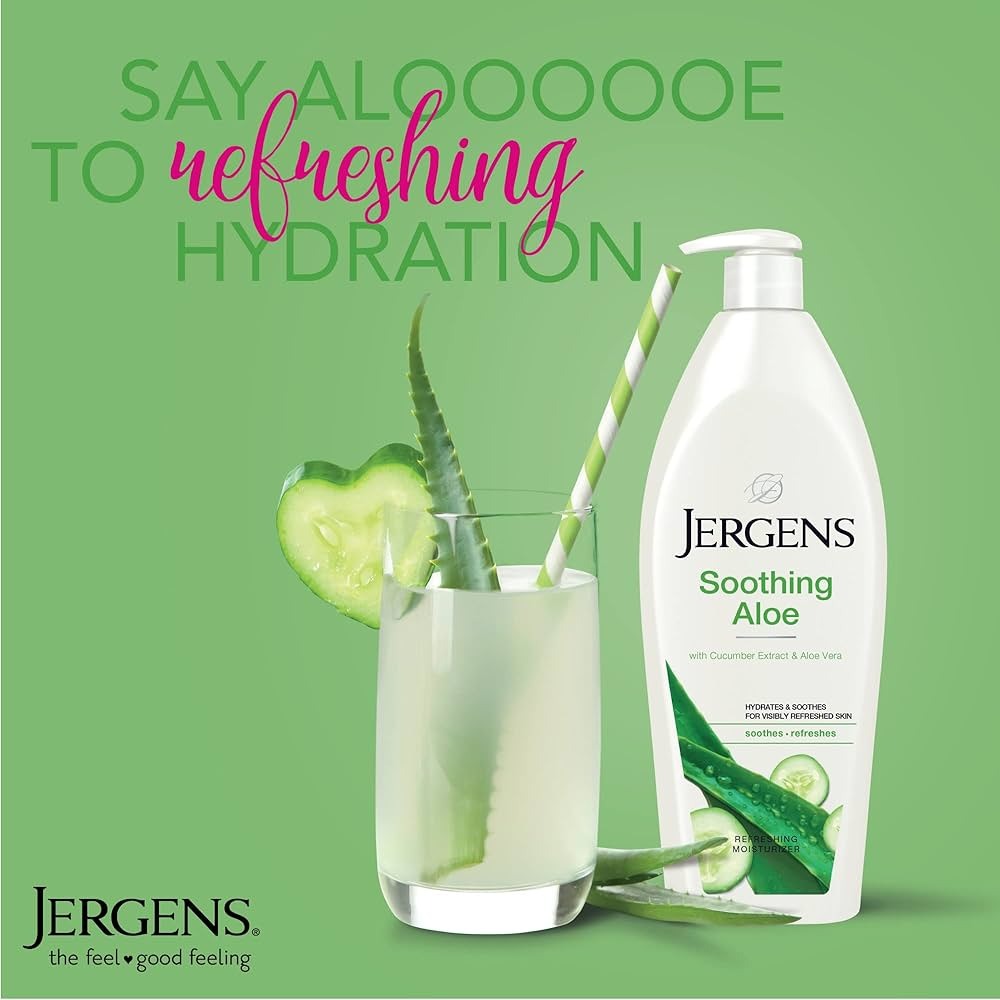 Picture of International UAE product Any season used Jergens SOOTHING ALOE Refreshing Moisturizer body lotion  for male/ female - 400 ml