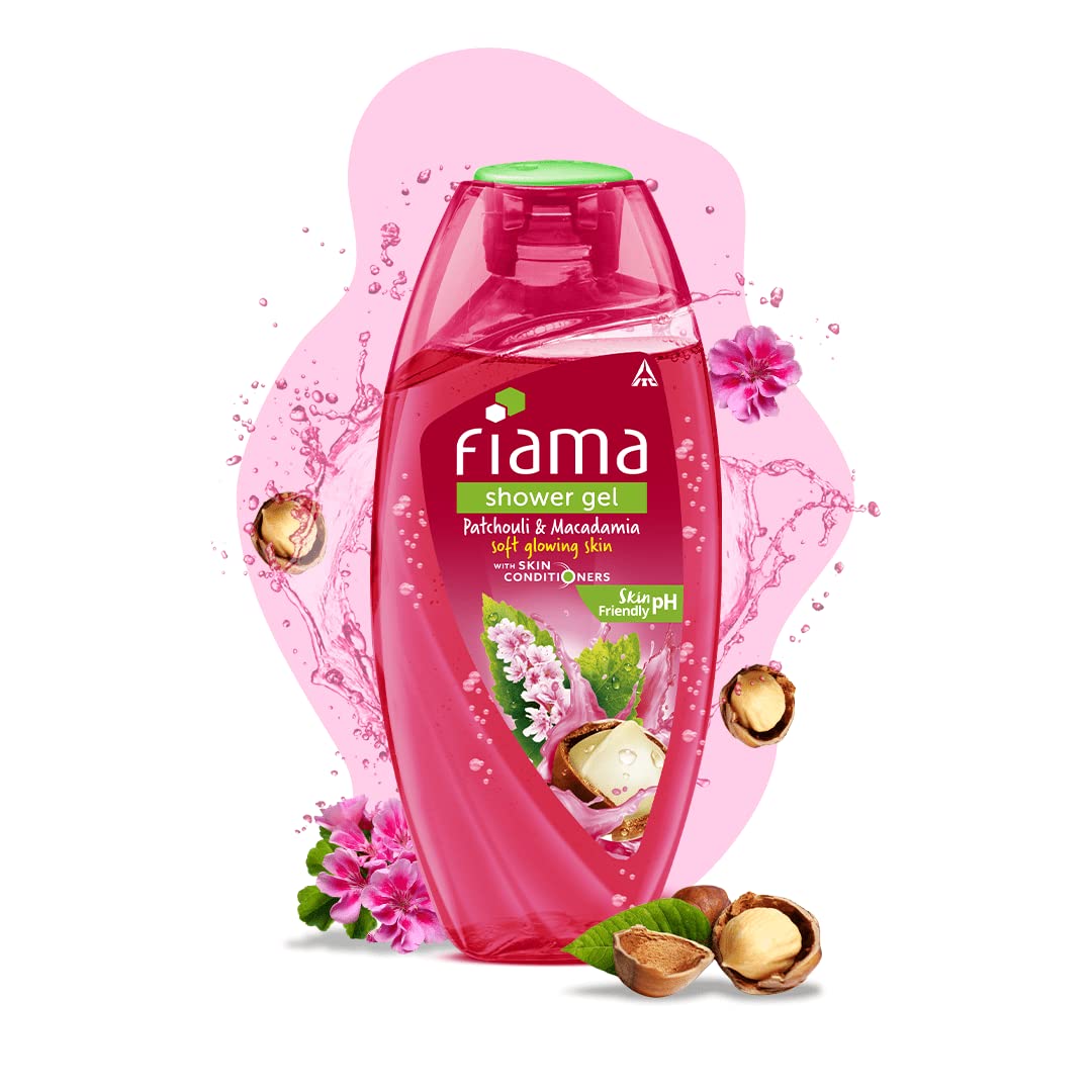 Picture of Indian product Fiama shower gel Patchouli & Macadamia Soft & Glowing Skin With skin conditioners 250 Ml