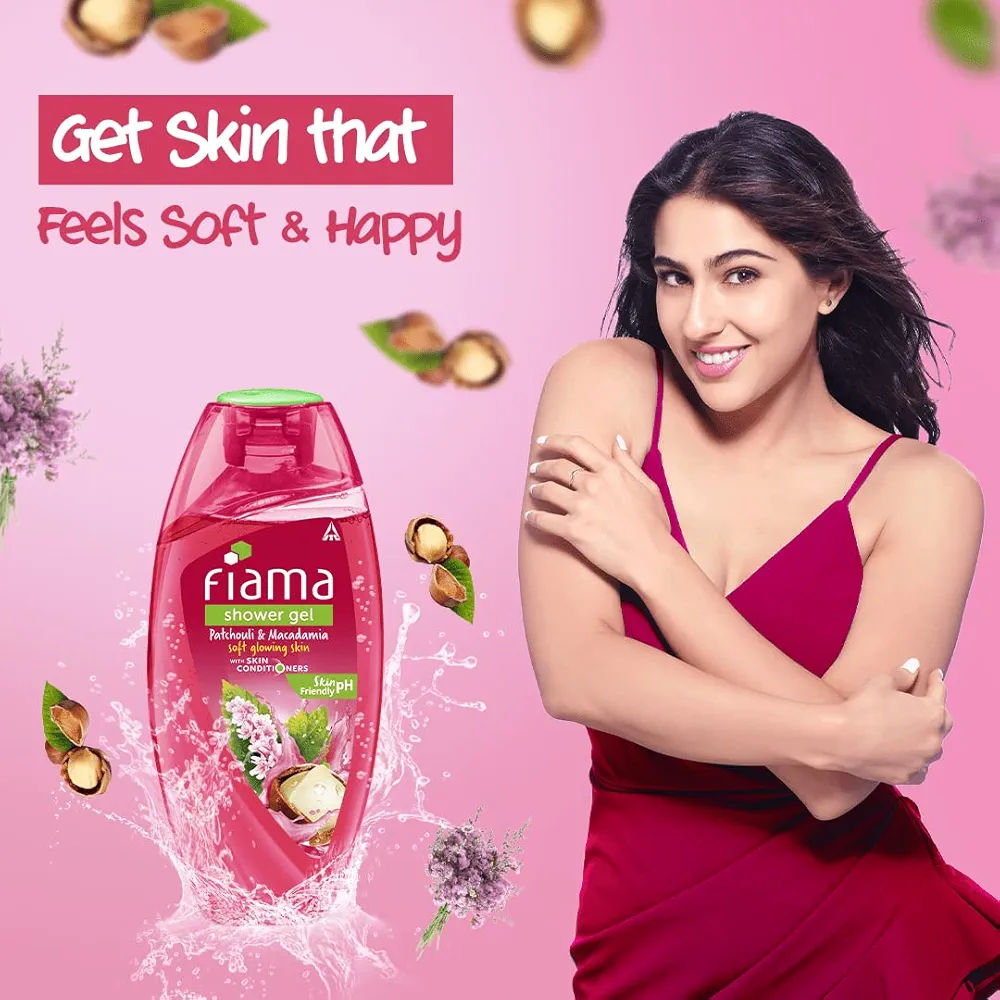 Picture of Indian product Fiama shower gel Patchouli & Macadamia Soft & Glowing Skin With skin conditioners 250 Ml