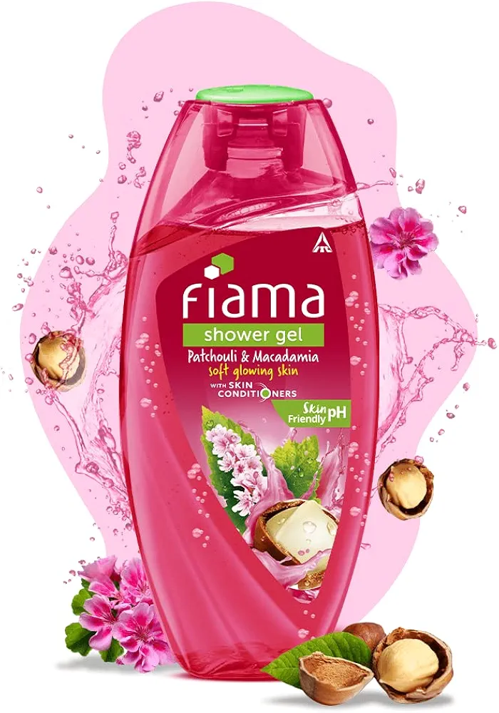 Picture of Indian product Fiama shower gel Patchouli & Macadamia Soft & Glowing Skin With skin conditioners 250 Ml