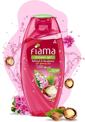 Picture of Indian product Fiama shower gel Patchouli & Macadamia Soft & Glowing Skin With skin conditioners 250 Ml