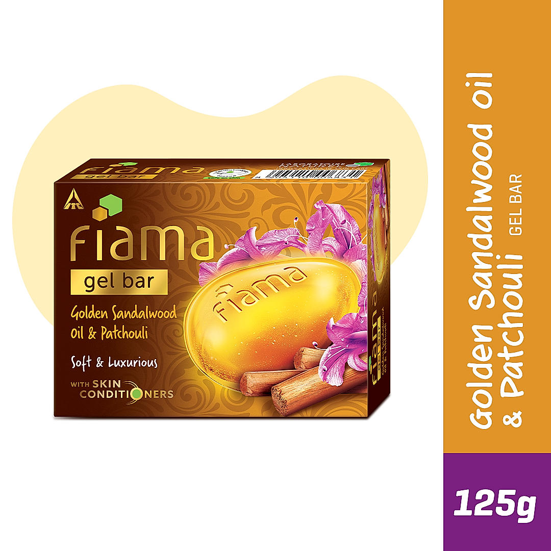 Picture of Indian product Fiama Gel bar Golden Sandalwood Oil & patchouli Soft & luxurious Soap 125 Gm
