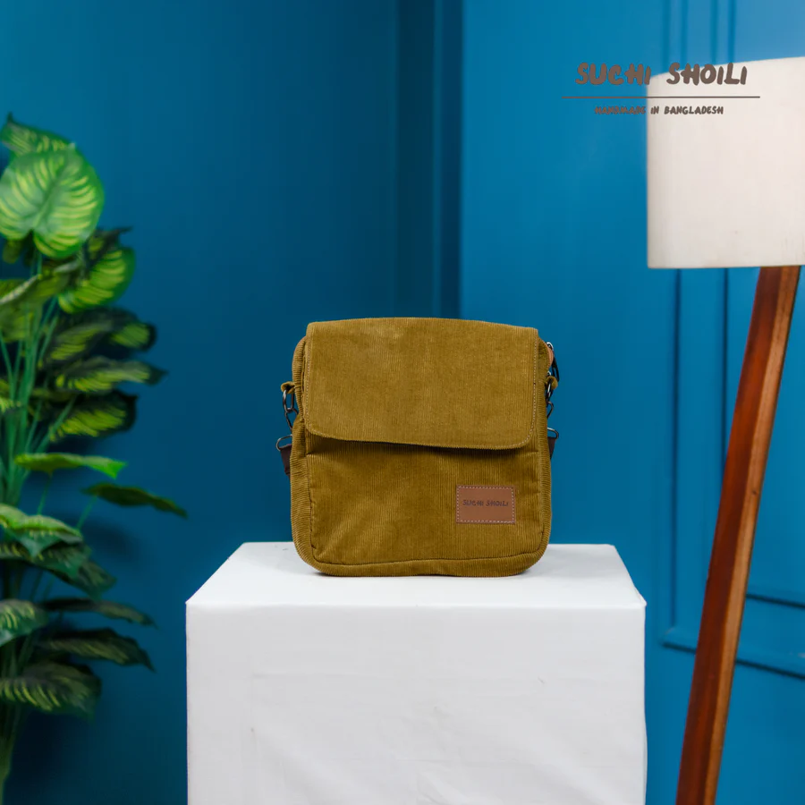 Picture of Lite Yellow Corduroy Fabric Grid Cross Bag