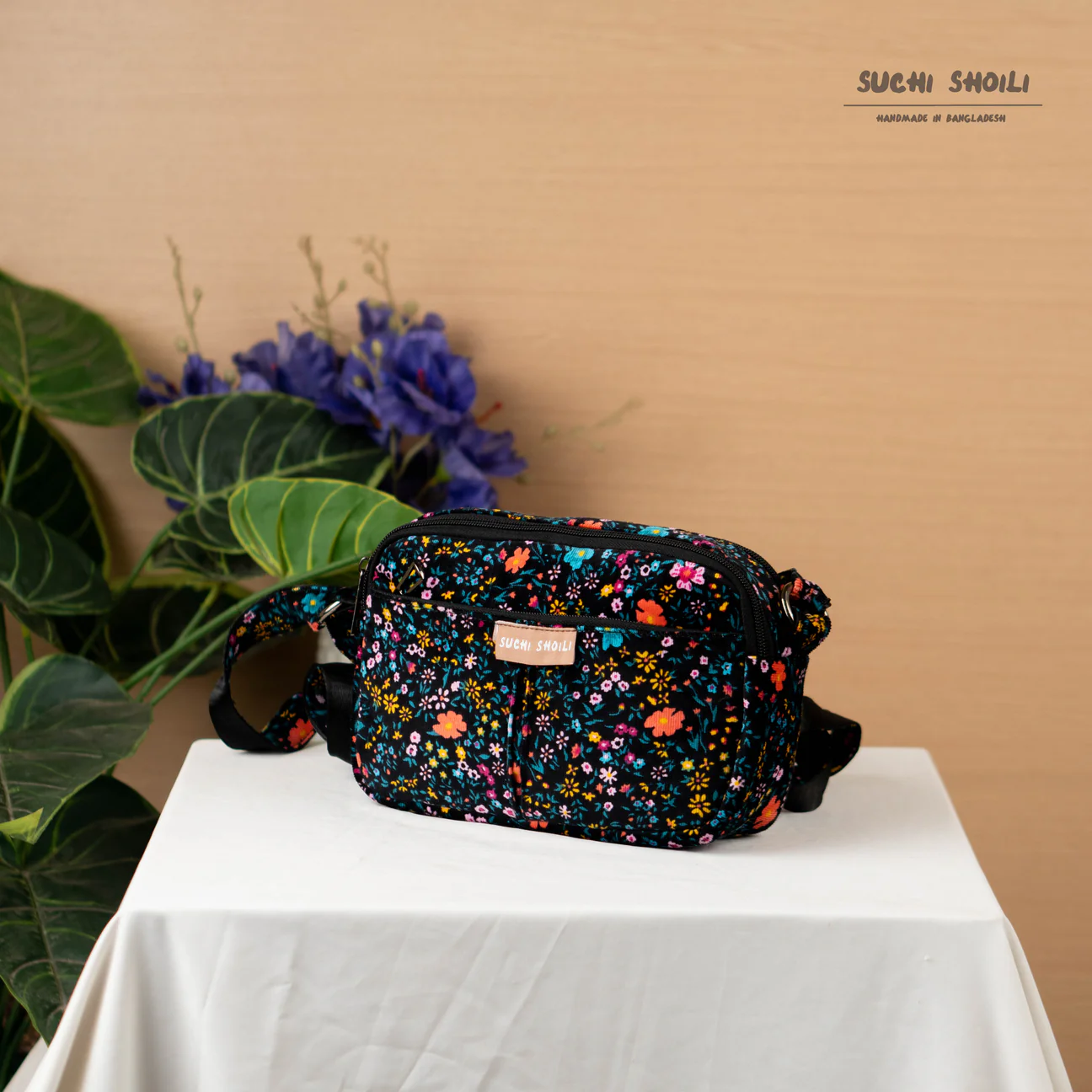 Picture of Multi Daisy Corduroy Fabric Rupa Double Chamber Crossbody Bag