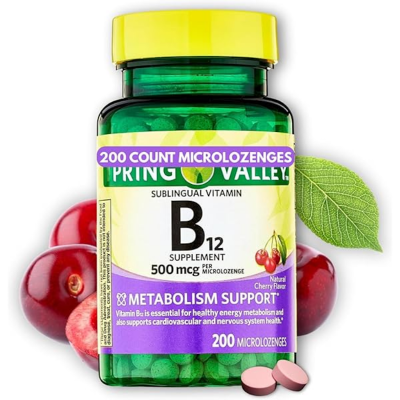 Picture of Spring Sublingual Vitamin B12 Supplement Microlozenges for Metabolism Support, Cherry Flavor, 500 mcg, 200 Count