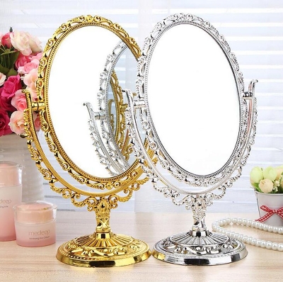 Picture of Makeup Mirror Desktop Double Sided Portable Rotating Oval Shape Cosmetic Mirror Plastic Imitation of Metal Dresser Mirrors Tool - Princess Mirror (Golden and Silver)