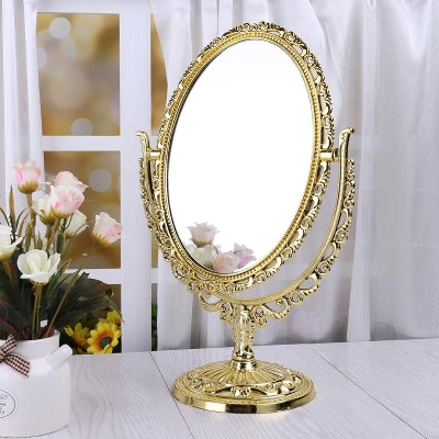 Picture of Makeup Mirror Desktop Double Sided Portable Rotating Oval Shape Cosmetic Mirror Plastic Imitation of Metal Dresser Mirrors Tool - Princess Mirror (Golden and Silver)