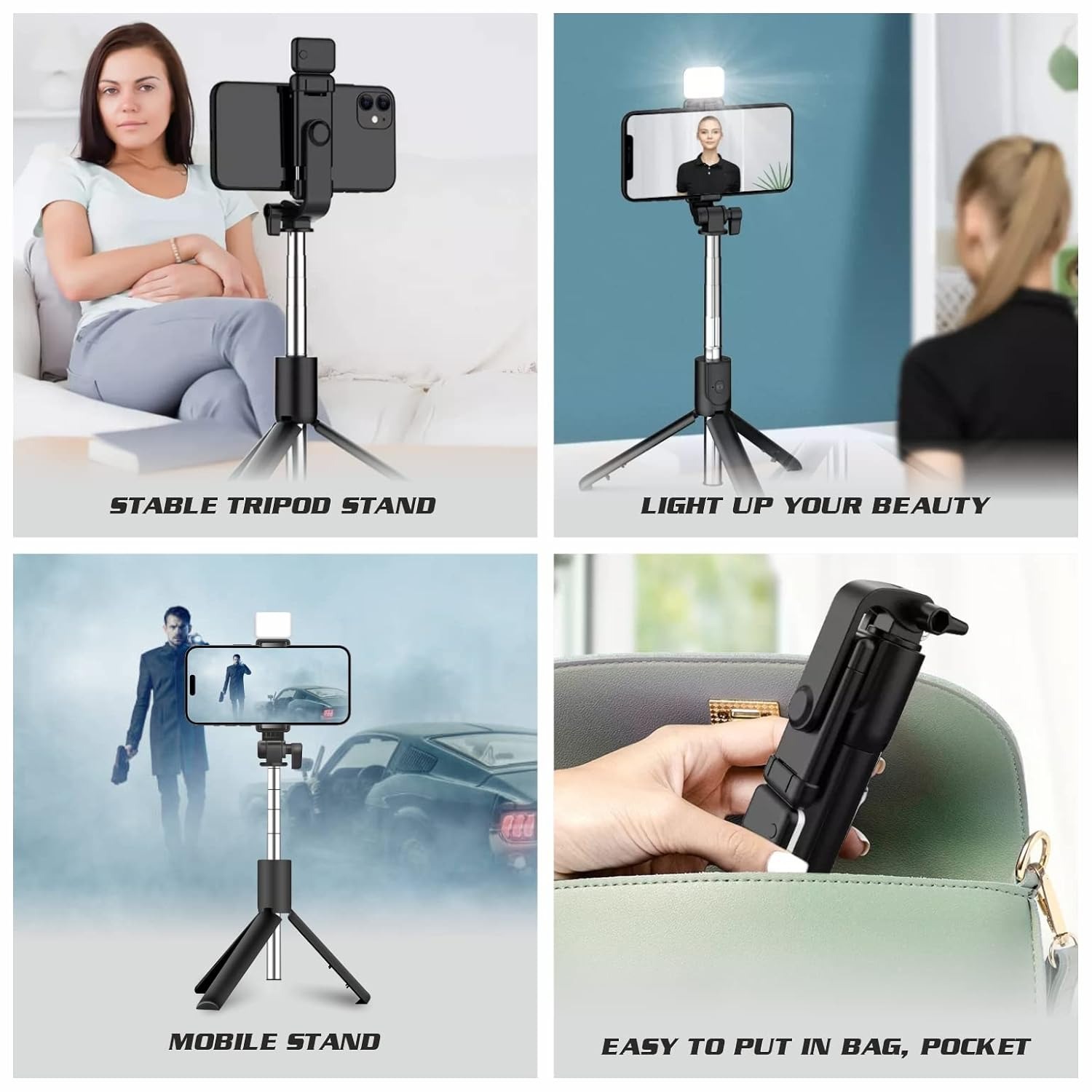 Picture of Multifunctional 4 in 1 Portable Adjustable & Foldable Monopod Selfie Stick & Tripod with Selfie Light & Wireless Bluetooth Remote Control - Selfie Stick - By Cyber Mart